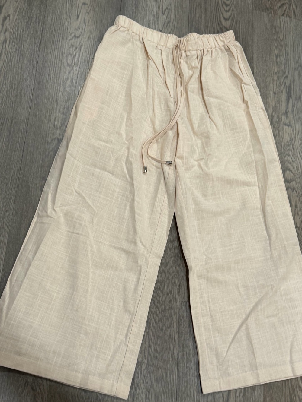 Women’s Beige Wide-Leg Solid Polyester Pants Flat Front Elastic Drawstring Med